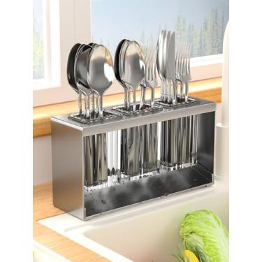 Imagem de Jaugufiy Suporte de mesa para secar talheres de bancada – caixa separada de 3 xícaras, garfo, pauzinho, armazenamento de cozinha, organizador de talheres (cinza)