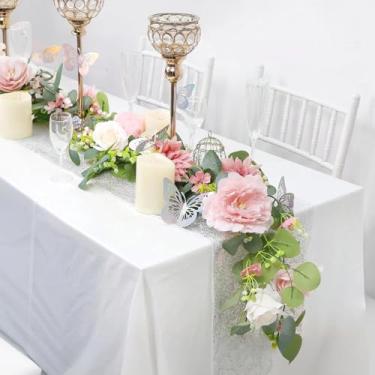 Imagem de Miewenmogu 2 peças de guirlanda de flores artificiais de 1,8 m com 6 borboletas decorativas de plástico, guirlanda de flores de rosa falsa, videiras florais para casamento, casa, festa, mesa, corredor