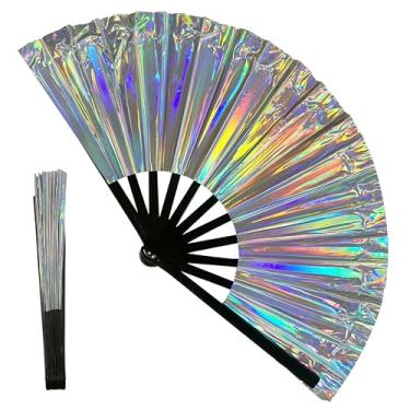Imagem de IIUIKOO Grande ventilador de rave de mão holográfico dobrável pop line leque de dança, ventiladores portáteis dobráveis para dança em linha, rave essencial e acessórios de festival para roupas de
