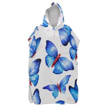 Imagem de TSENQUE Roupão para adultos, poncho de surfe, toalha de banho com capuz, reutilizável, borboletas, azuis, branco, unissex, poncho adulto com capuz