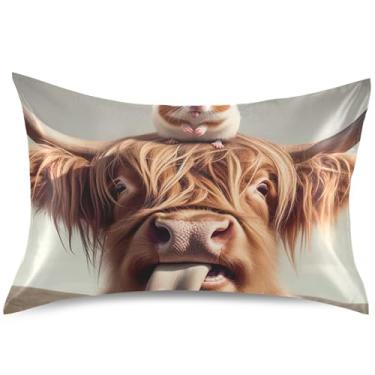 Imagem de Lindas capas de almofada de cetim para hamster de vaca Highland para resfriamento de cabelo, arte colorida, padrão, King Queen, presentes de cama confortáveis, tamanho padrão, 66 cm x 50 cm