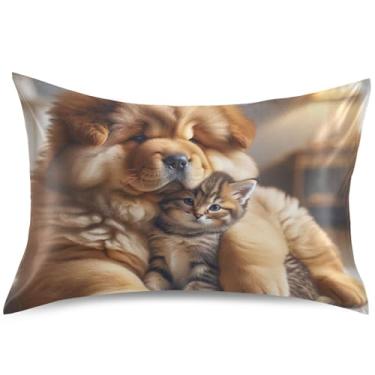 Imagem de Chow Chow Capas de almofada de cetim para cachorro gatinho gato para cabelo King Queen capa de travesseiro padrão desenho animado capas de almofadas macias para cama, tamanho king, 101,6 cm x 50,8 cm