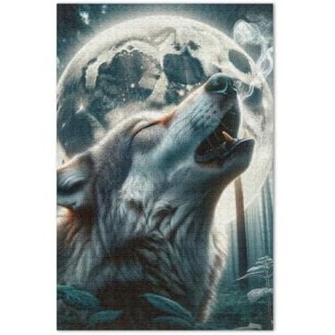 Imagem de Quebra-cabeça de lobo uivando 500 peças para adultos engraçados presentes de jogo de quebra-cabeça paisagem jogo de arte, 50,5 x 14,9 polegadas