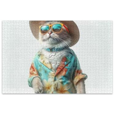 Imagem de Quebra-cabeça de gato engraçado usando chapéu 1000 peças adulto quebra-cabeça brinquedo arte homens presentes únicos engraçados jogos de quebra-cabeça presentes