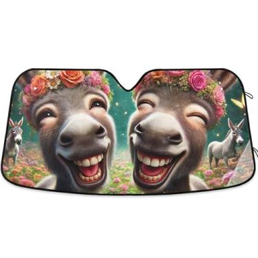 Imagem de Sombra de sol de animal engraçado burro fofo personalizado para para-brisa de carro bonito universal dobrável caminhão carro persianas para-brisa frontal L, 144,8 cm x 80 cm