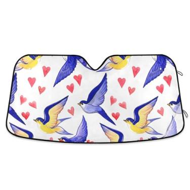 Imagem de Guarda-sol aquarela andorinhas corações vermelhos para para-brisa de carro bonito personalizado retrátil automotivo para-brisa guarda-sol animal floral S, 134,6 cm x 59,7 cm