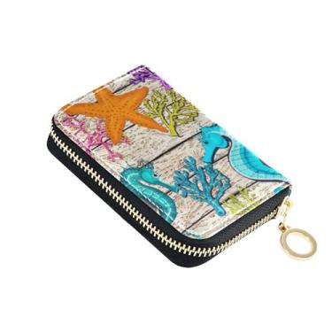 Imagem de Carteira feminina de couro com bloqueio de RFID, carteira pequena com zíper com bolsa de moedas, criaturas marinhas coloridas, cavalos-marinhos