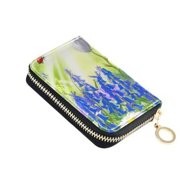 Imagem de Carteira feminina com zíper e bloqueio de RFID, linda carteira de couro para viagem com bolso para moedas, flor floral azul colorida
