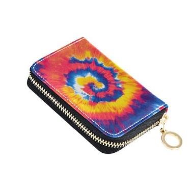 Imagem de Carteira feminina feminina de couro com bloqueio de RFID, porta-cartões de crédito, colorido, tie dye, vermelho, zíper e porta-chaves