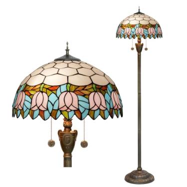 Imagem de Luminária de chão estilo Tiffany [2 lâmpadas][40,6 cm L x 157,5 cm A] Luminária de decoração para casa, luminária de leitura de chão em formato de tulipa com vitral antigo para sala de estar