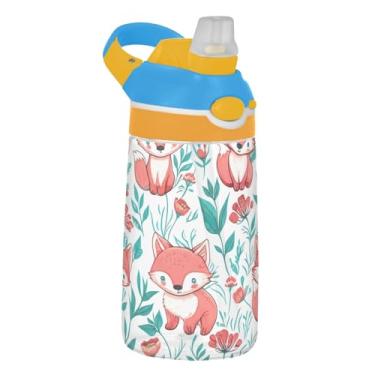 Imagem de Garrafa de água Tritan de 473 ml para crianças, portátil, garrafa de água de plástico de 473 ml com canudo reutilizável à prova de vazamento, alça de transporte, animais fofos de raposa