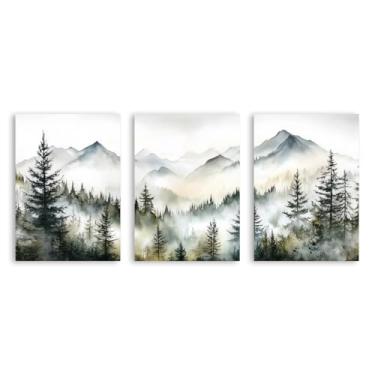 Imagem de 3 peças de arte de parede floresta nebulosa impressão aquarela montanha decoração de parede paisagem natureza árvore abstrata pintura moderna para sala de estar (SKU3-3PCS, 12 x 18 pol) = (30 x 45 cm