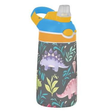 Imagem de Garrafa de água infantil de desenho animado de dinossauro colorido brilhante para escola, 473 ml Tritan 473 ml Garrafa de água esportiva com canudo, copo infantil portátil à prova de vazamento, alça