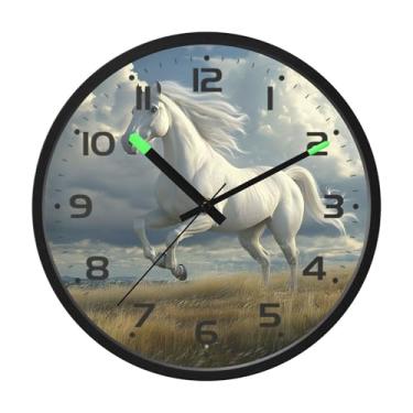 Imagem de SEHANY Relógio de parede artístico majestoso cavalos silencioso, sem tique-taque, relógio redondo operado por bateria, controle de som, luz noturna, relógios de parede para sala de estar, cozinha