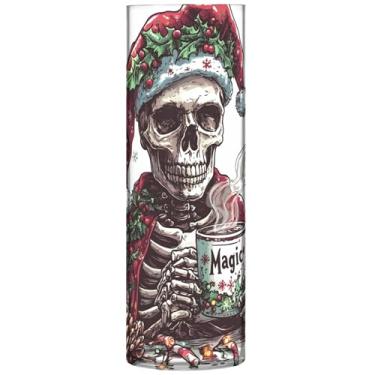 Imagem de Vaso cilíndrico engraçado de caveira de Natal esqueleto buquê de flores e vasos de plástico personalizados impressão decoração de casa sala de estar, 30 cm x 9,9 cm