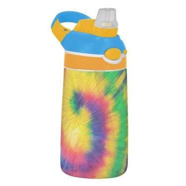 Imagem de Garrafa de água esportiva infantil Tritan de 473 ml com tampa de palha, garrafa de água portátil para escola, reutilizável, copo infantil de 473 ml, alça de transporte, colorido arco-íris roxo verde