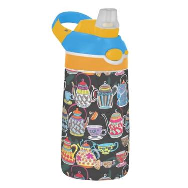 Imagem de Bules de chá garrafa de água colorida preta vibrante infantil com canudo 473 ml Tritan 473 ml garrafa de água esportiva à prova de vazamento, copo infantil portátil, reutilizável, alça de transporte