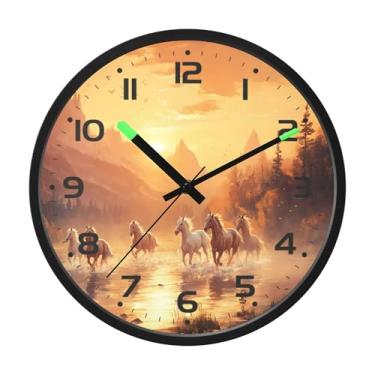 Imagem de SEHANY Relógio de parede artístico majestoso cavalos silencioso, sem tique-taque, relógio redondo operado por bateria, controle de som, luz noturna, relógios de parede para sala de estar, cozinha