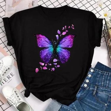 Imagem de Camiseta Feminina Colorida Com Estampa De Pétalas De Borboleta, Manga 