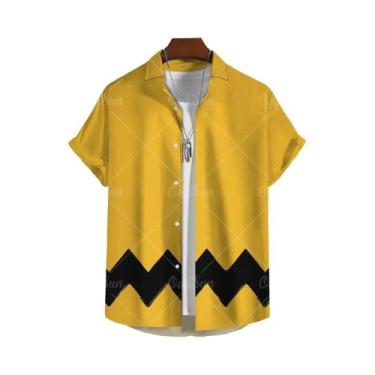 Imagem de Camisa Masculina Amarela Oversized Com Estampa Havaiana, Blusa Casual 