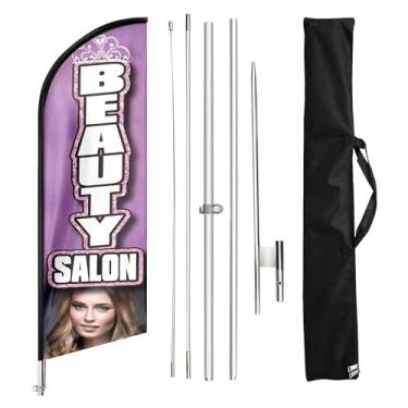 Imagem de Bandeira de penas publicitária de salão de beleza, bandeira de penas de salão de beleza com kit de mastro e estaca de chão, placa de bandeira swooper publicitária para barbearia, salão de beleza,