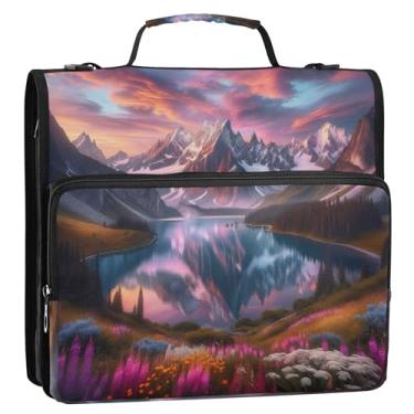 Imagem de Lago alpino majestoso pôr do sol 3 fichários anel D 1 1/2 polegada organizador de fichário bolsa de fichário ensino médio com alça de armazenamento estojo portfólio com alça