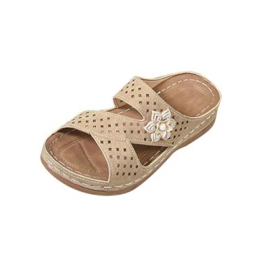 Imagem de Chinelo feminino casual primavera verão confortável flor oco respirável boca de peixe bico aberto um pé fundo grosso anabela, ideal para uso versátil, Caqui, 39