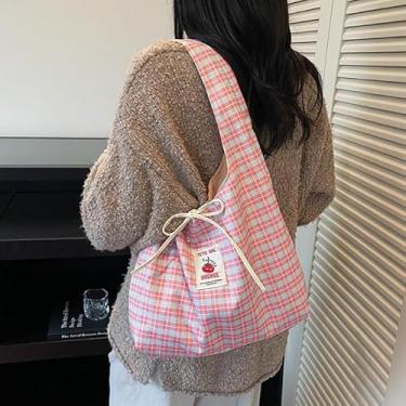 Imagem de Sacola de lona xadrez vermelha coreana – linda bolsa de ombro de grande capacidade para mulheres, leve e elegante, rosa
