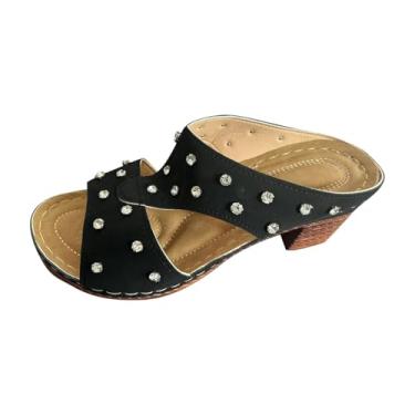 Imagem de Pantufas femininas casuais primavera verão boca de peixe bico aberto salto grosso salto alto, ideal para uso confortável e versátil sem cadarço, Preto, 35