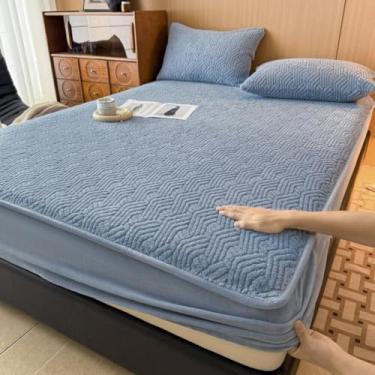 Imagem de Lençol com elástico, capa de colchão respirável, ultramacio, antiestático, protetor de colchão de 360°, durável, roupa de cama de luxo, fácil instalação, estação, qualidade de hotel - Azul||150 * 200