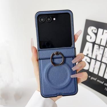 Imagem de Capa clássica de couro com suporte magnético em anel de metal para Samsung Z Flip 6 5 4 3 5g com fivela de dedo (para Galaxy Z Flip 5/Azul Marinho)