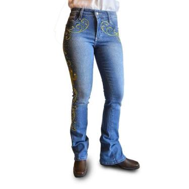 Imagem de Calça Jeans Country Feminina Flare Azul Cintura Alta Bordada - NOVESEL