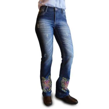Imagem de Calça Feminina Country Jeans Flare West Azul Bordada Premium, Azul, 36
