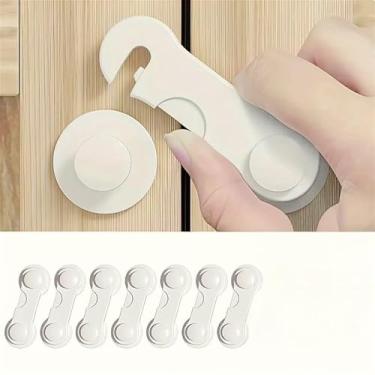 Imagem de 7 peças de travas de segurança de plástico resistente, fechaduras adesivas para armário de instalação sem ferramentas com chave e código de combinação, para utensílios de cozinha de despensa