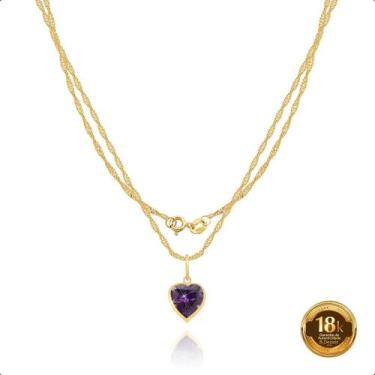 Imagem de Cordão Feminino Ouro 18k 45cm + Ponto De Luz Coração Ametista Roxa (DE