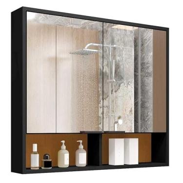 Imagem de Armário de Banheiro Aéreo 2 Portas Espelho Com Nicho, Ideal para Banheiro e Lavabo, Perfeito para Famílias e Solitários(PRETO/NATURE)