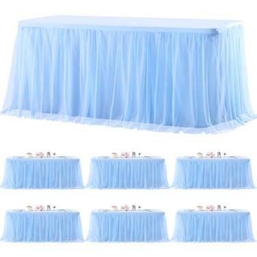 Imagem de Pacote com 6 toalhas de mesa azul bebê para mesas retangulares, toalha de mesa de tule, azul claro, retangular, 1,8 m, elastano elástico, capas de mesa para chá de bebê, meninos, festa de aniversário