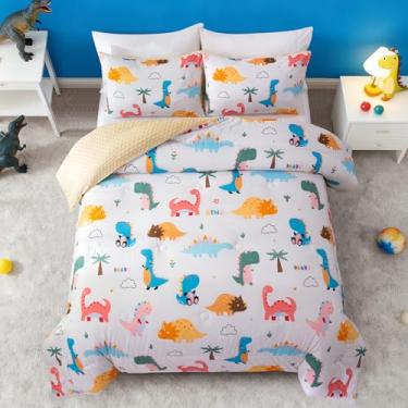 Imagem de Btargot Conjunto de edredom de 3 peças de dinossauro bege para meninas, meninos e crianças, conjunto de cama fofo de pelúcia, tamanho solteiro