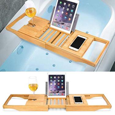 Imagem de Bandeja de banheira de bambu sobre ponte de banho, bandeja organizadora de banheira antiderrapante com laterais extensíveis e suporte de sabão