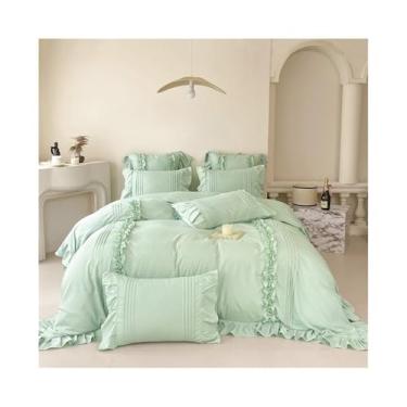 Imagem de x3anggyt5 Jogo de cama com babados de renda estilo princesa coreana, 4 peças, cor lisa, lençol de cima / elástico (verde, tamanho casal 4 peças)