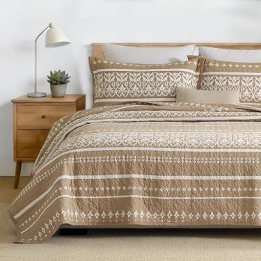 Imagem de Qiqiong Conjunto de colcha boêmio King Size - Colcha boêmia listrada 100% algodão - edredom acolchoado leve - 3 peças para todas as estações - cáqui