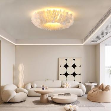 Imagem de Luminária de teto com penas, pendente com penas de ganso tecidas à mão, com 3 temperaturas de cor, lustre moderno nórdico de embutir para sala de estar e quarto, soquete E27 em ferro para te