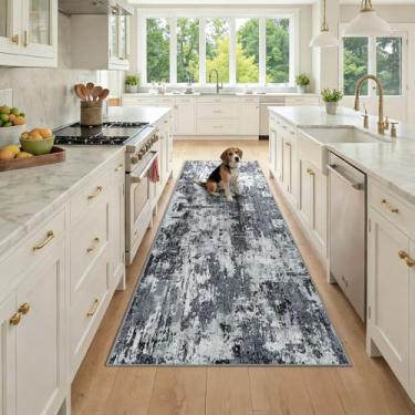 Imagem de RELEANY Tapetes laváveis 8 x 20 cm, modernos, abstratos, macios para sala de estar, entrada, quarto, berçário, estampa impressa, preto e cinza