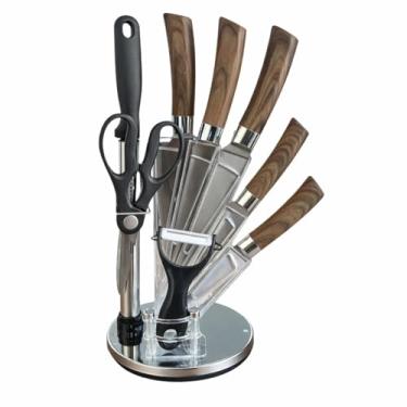 Imagem de Conjunto de Facas com Suporte, Cabo Madeira, Aço Inoxidável, Inclui Tesoura e Afiador, Base Giratória Acrílica