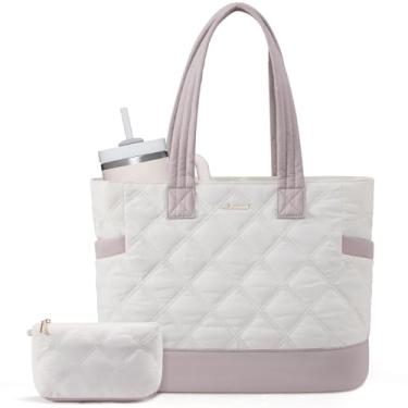 Imagem de LOVEVOOK Sacola feminina, bolsa de trabalho acolchoada com zíper para viagem, uso diário, bolsa de ombro de enfermeira, Bege rosa, 15.6 Inch