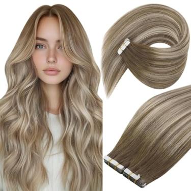 Imagem de Ve Sunny Extensões de cabelo com fita adesiva de raiz marrom média a platina loiro balayage extensões de cabelo humano 50 cm fita de extensões de cabelo para mulheres 20 peças 50G