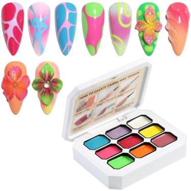 Imagem de Fcozpjk Gel de unhas com tinta gradiente, 9 cores neon ombré, esmalte de gel, unhas de aura, blush, flores desabrochando, pontas francesas, desenho de verão, rosa choque, laranja, verde, paleta de