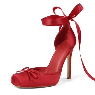 Imagem de Celbreez Salto de balé feminino fechado bico quadrado salto bailarina cadarço rosa salto alto slingback feminino tiras stiletto elegante festa Mary Janes sapatos, Vermelho, 36
