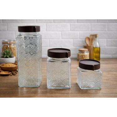 Imagem de Kit 3 Potes de Vidro Hermetico Tampa Marrom 1,2L 600ml 400ml - Ideal