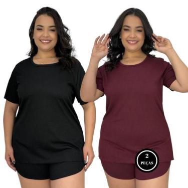Imagem de Kit 2 Pijama Plus Size de Suede Canelado Blusa e Short Baby Doll - c2 